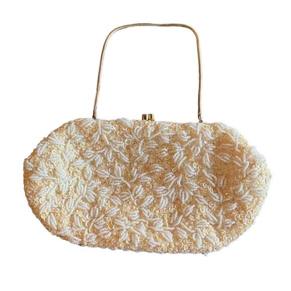 Vintage Handbags - Vintage beaded evening bag handbag purse small ivory white retro elegant chain
